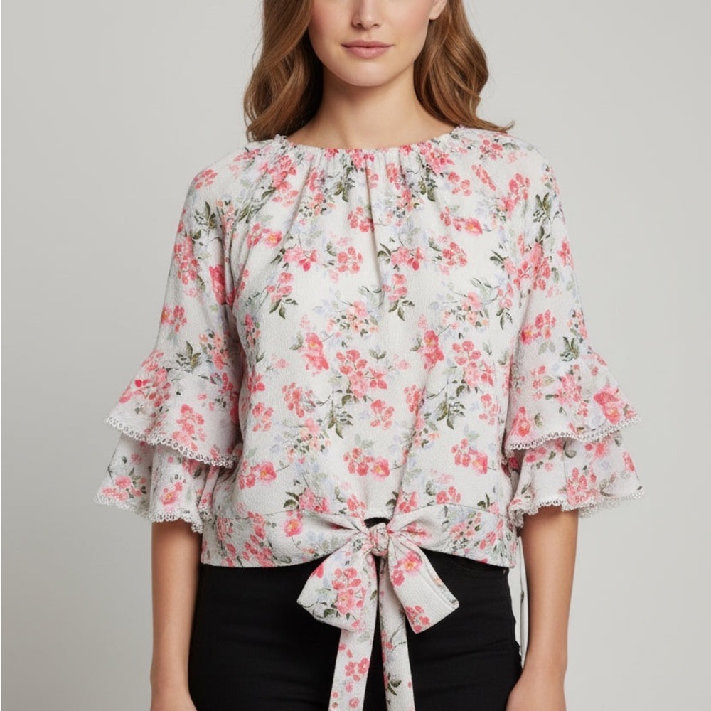I.N. Studio Pink Floral Tie-Front Blouse